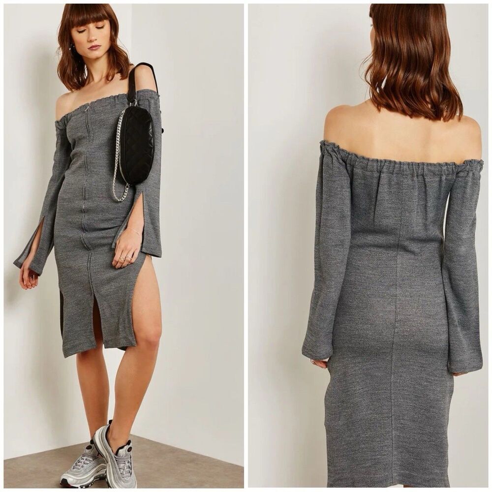 House of Sunny Zip Detail Bardot Sweat Dress Off The Shoulder Stretch Size 6